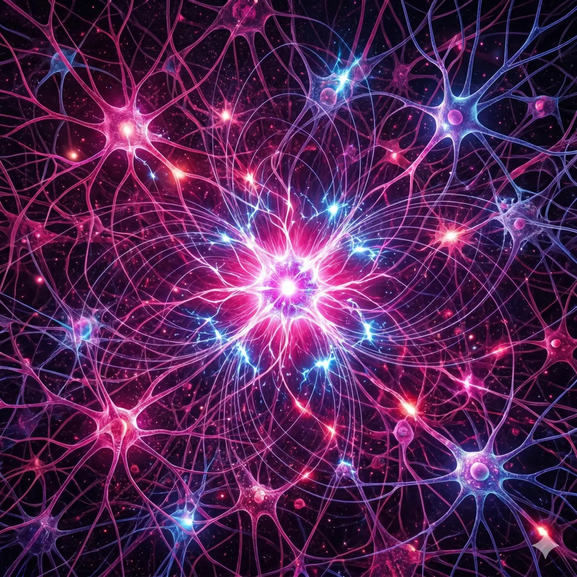 Réseau neuronal lumineux évoquant les relations entre intelligence, connaissance et conscience