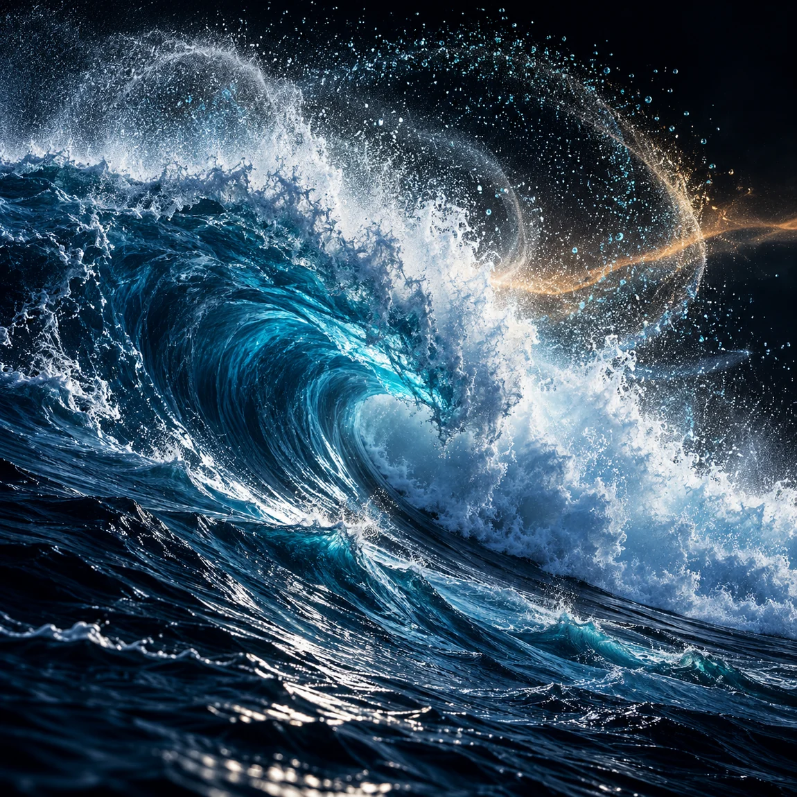 Vague bleu profond projetant des embruns lumineux dans l’obscurité.