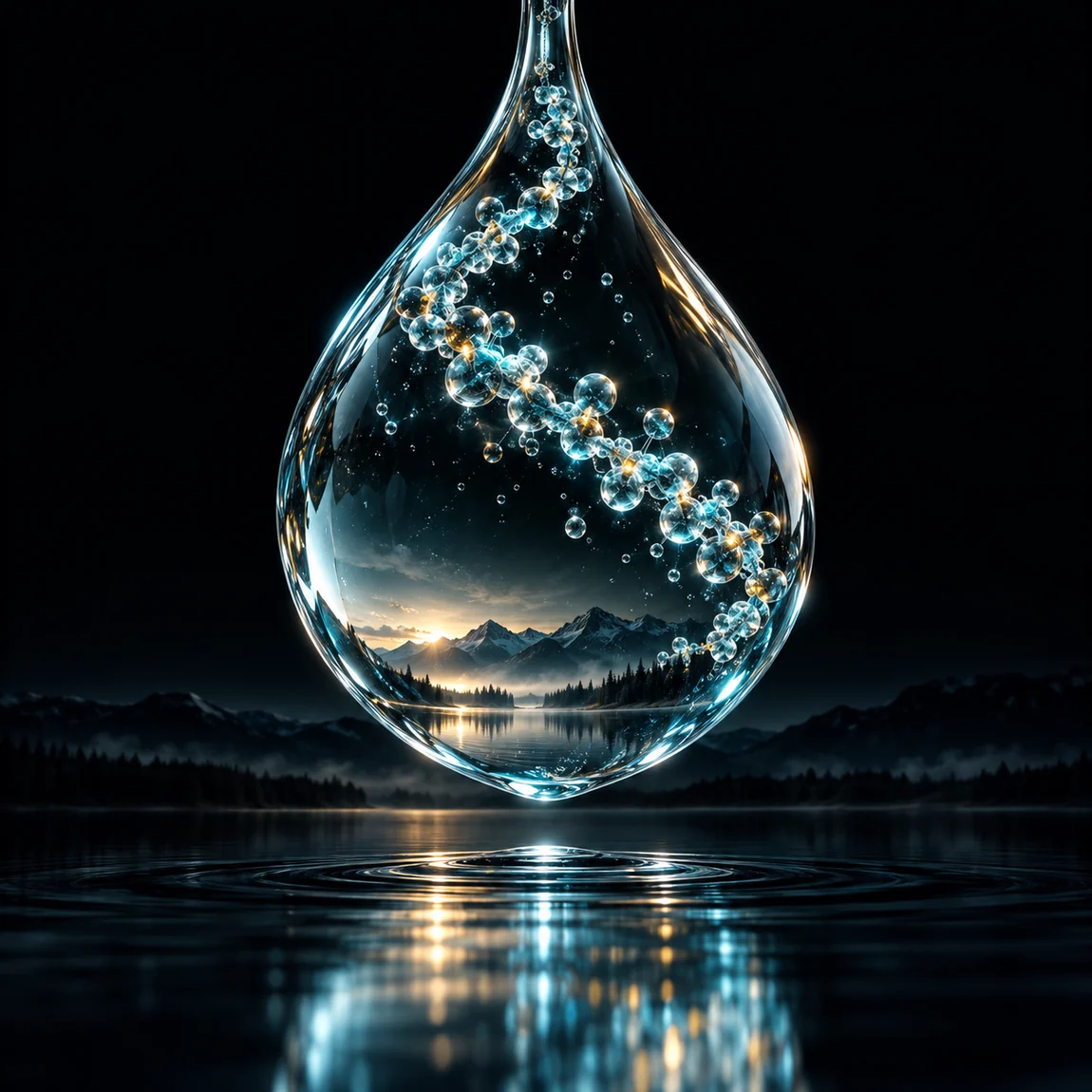 Goutte d’eau sur fond noir contenant une chaîne moléculaire imaginaire.