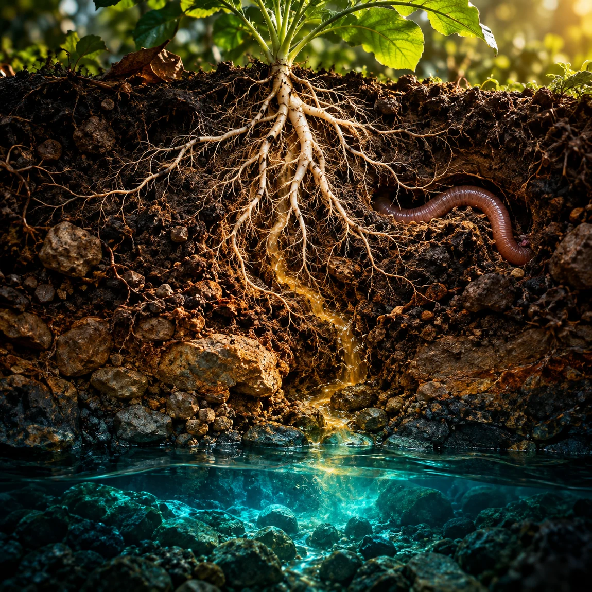 Coupe artistique d’un sol avec des racines, un ver de terre et une nappe d’eau.